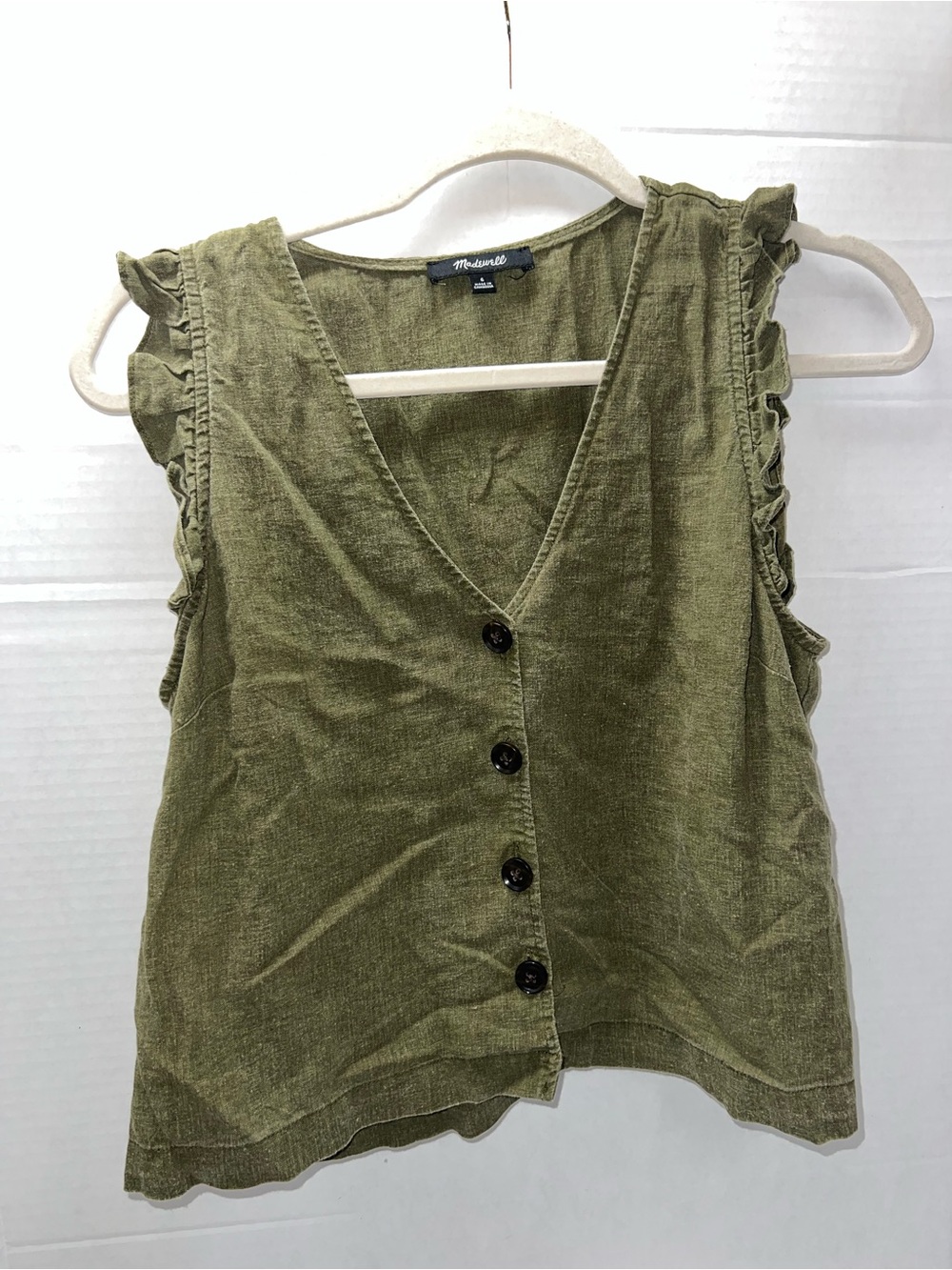 Madewell Olive V-Neck Button Front Ruffle Tank Vest Linen Blend